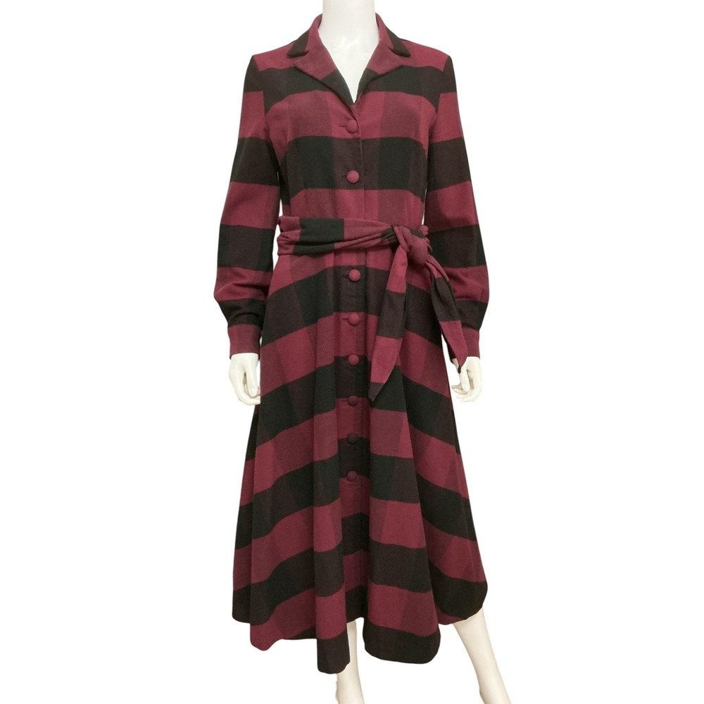J. Peterman 1947 Buffalo Plaid Flannel Dress Size 10 Burgundy Black Shirt Dress